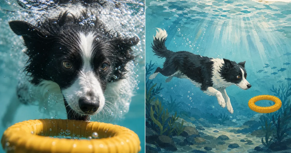 Cão preto e branco busca um brinquedo amarelo debaixo d'água em fotografia realista e em interpretação ilustrada lado a lado