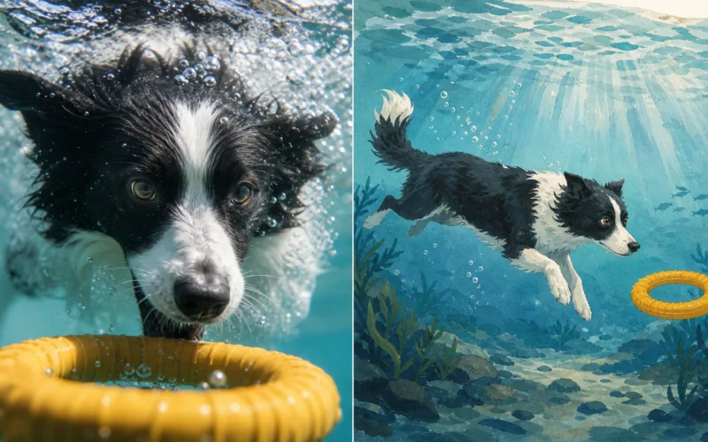 Cão preto e branco busca um brinquedo amarelo debaixo d'água em fotografia realista e em interpretação ilustrada lado a lado