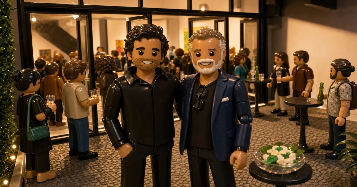 Gilberg Antunes e Alejandro Matamala Ortiz como bonecos articulados em um diorama do Runway Meetup São Paulo