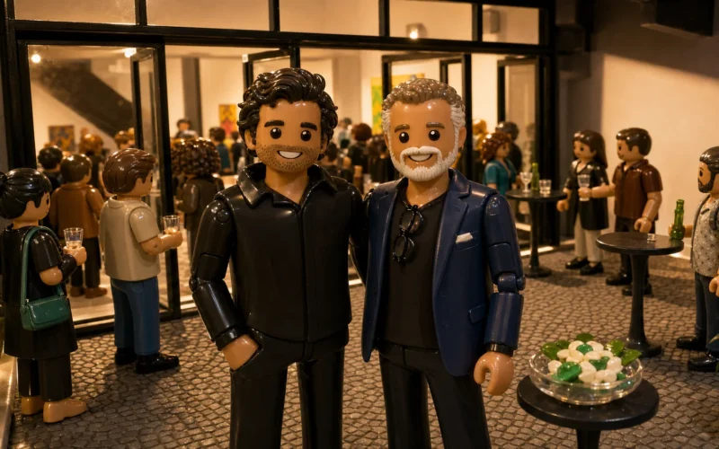 Gilberg Antunes e Alejandro Matamala Ortiz como bonecos articulados em um diorama do Runway Meetup São Paulo